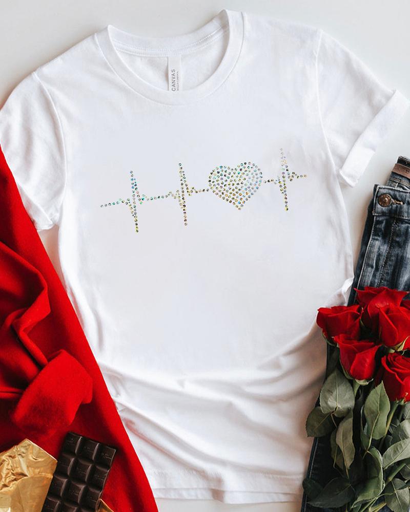 

Valentine' Day Rhinestone Heart Pattern Print T-shirt, White