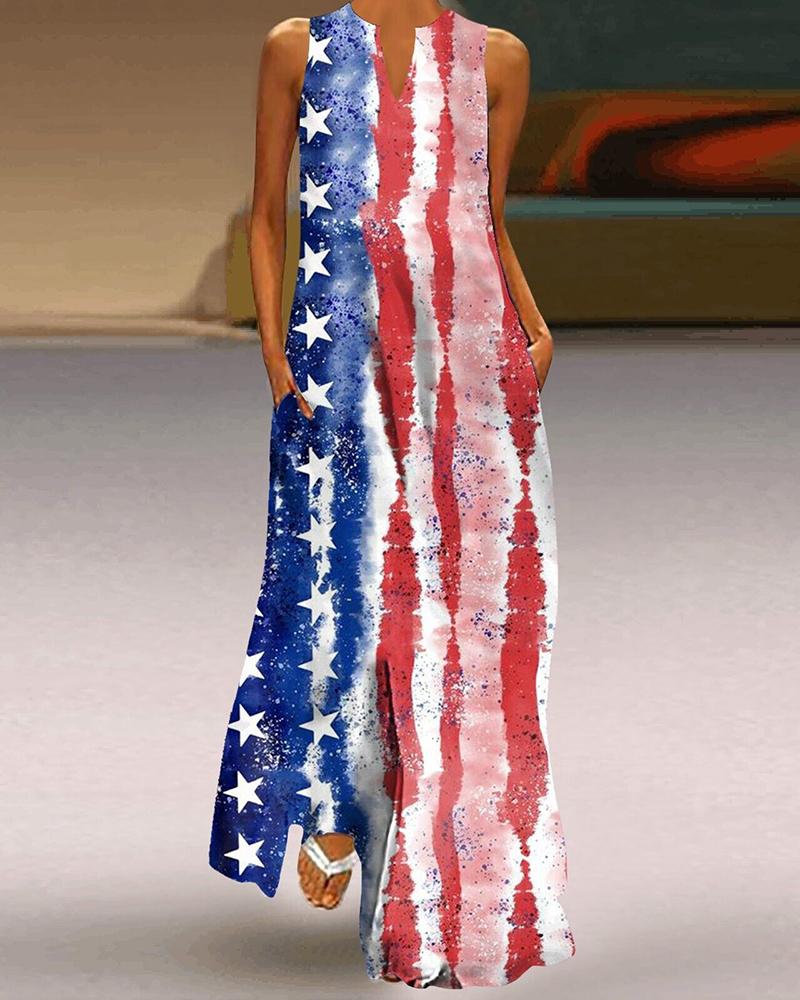 

Independence Day Flag Pattern Print Sleeveless Maxi Dress, Multicolor