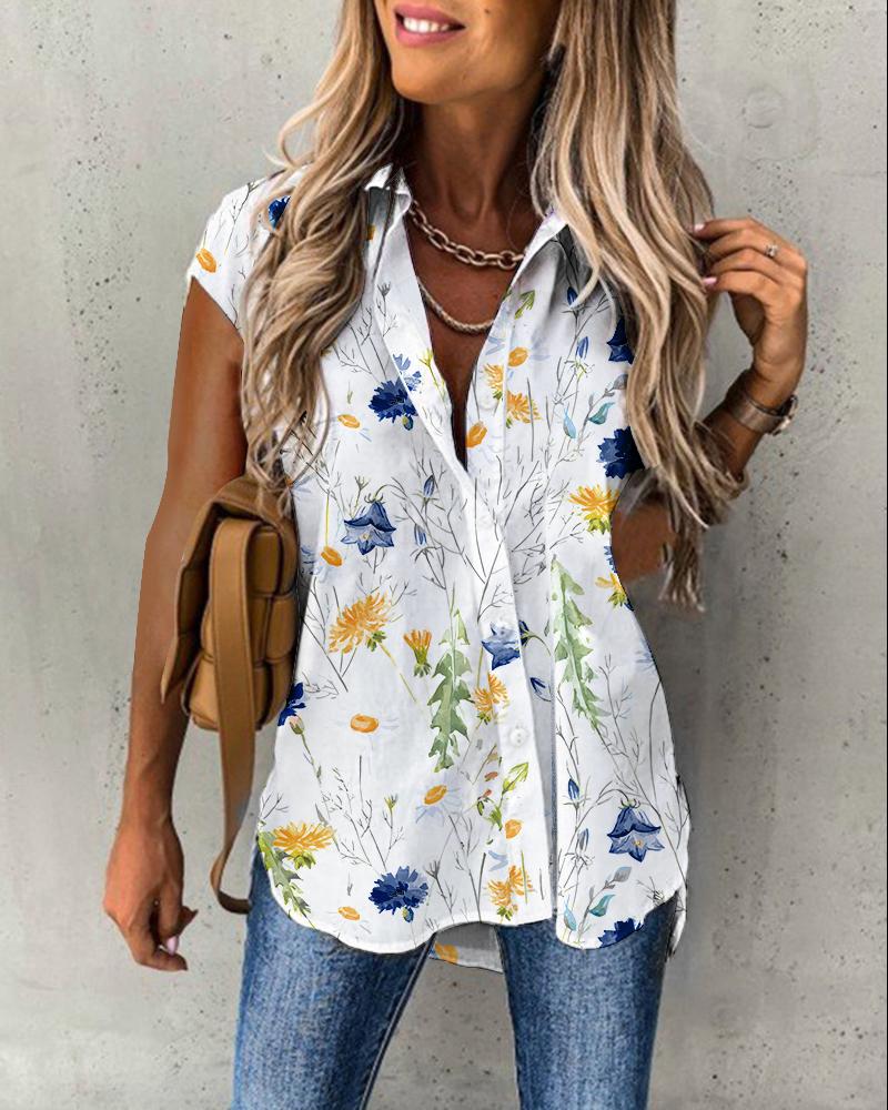 

Floral Print Short Sleeve Button Down Shirt, White