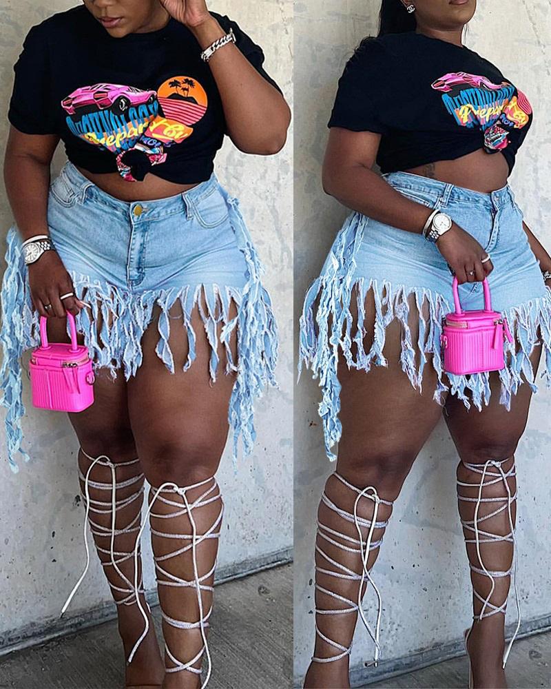 

Tassel Trim High Waist Denim Shorts, Blue