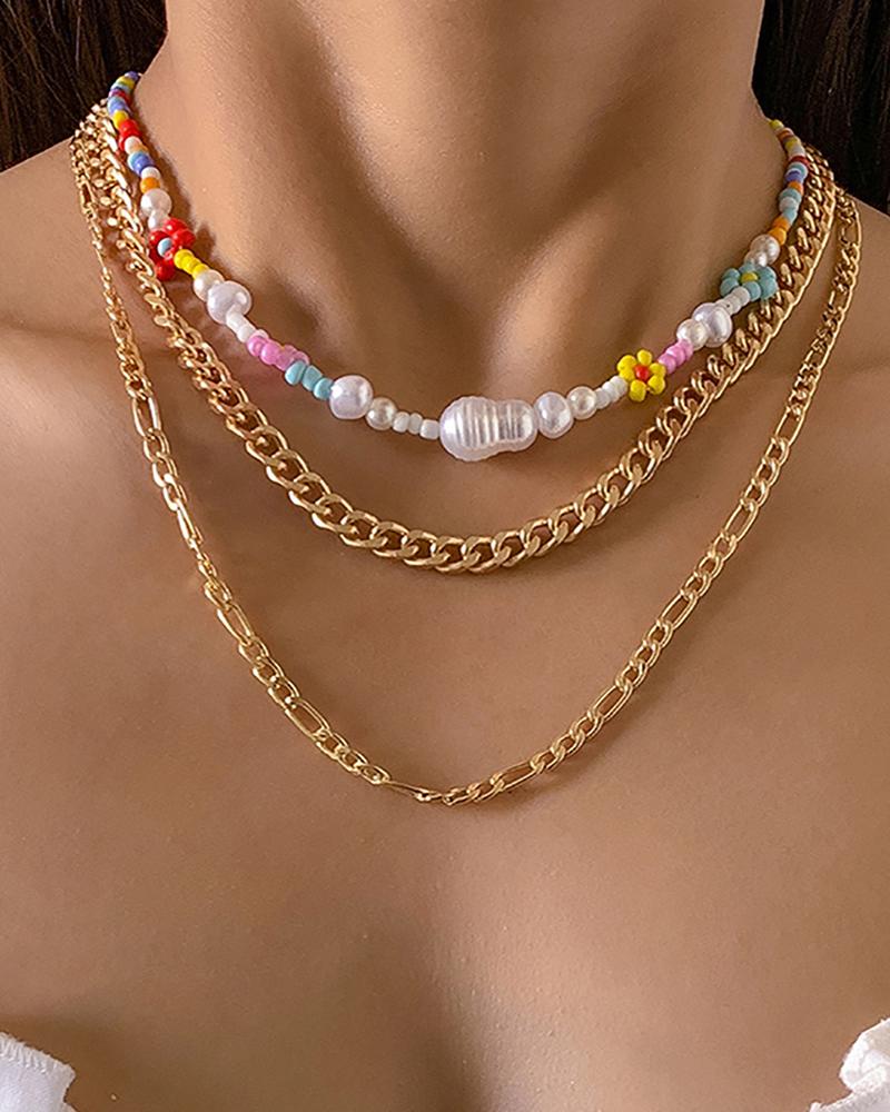 

3PCS Floral & Beaded Decor Chain Layered Necklace Set, Gold
