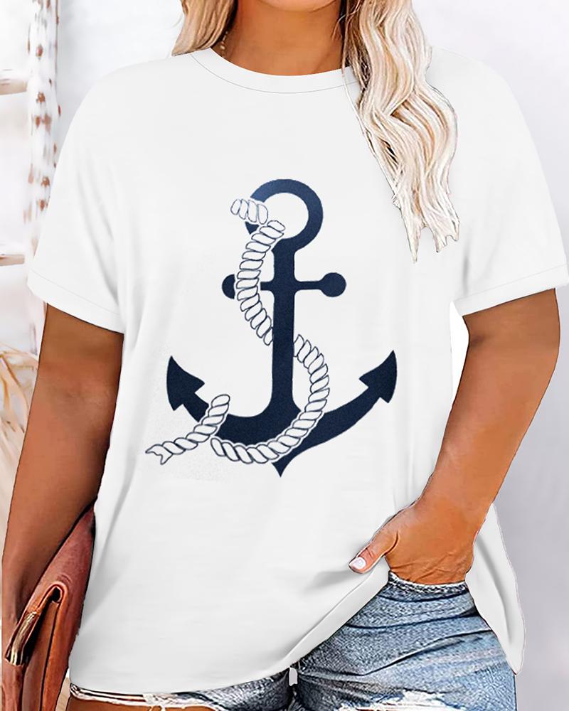 

Anchor Print Round Neck Short Sleeve T-Shirt, White