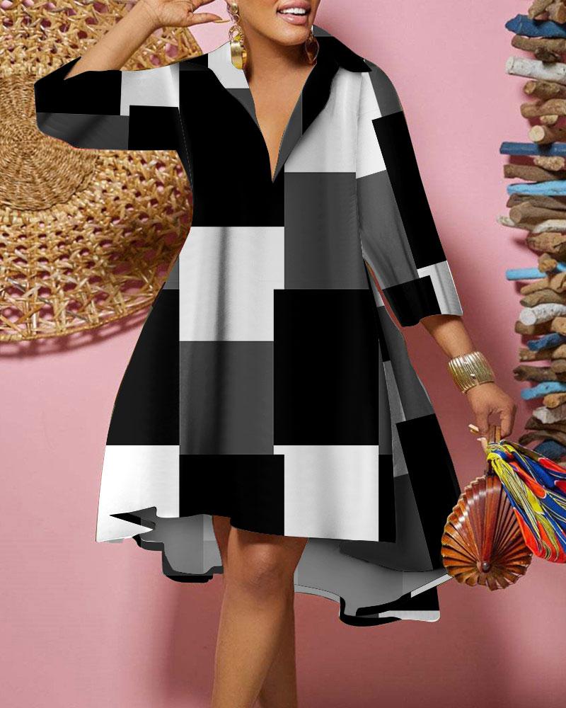 

Plus Size Geometric Print Flowy Shirt Dress, Blackwhite