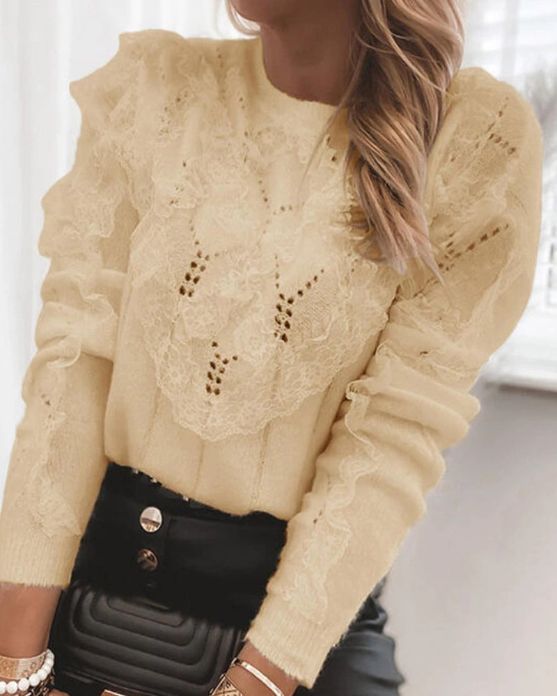 

Long Sleeve Contrast Lace Pointelle Knit Sweater, Khaki