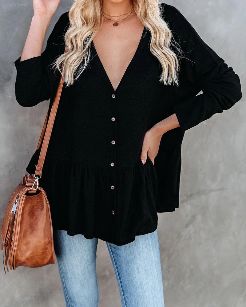 

Button Front Ruched Long Sleeve Cardigan, Black