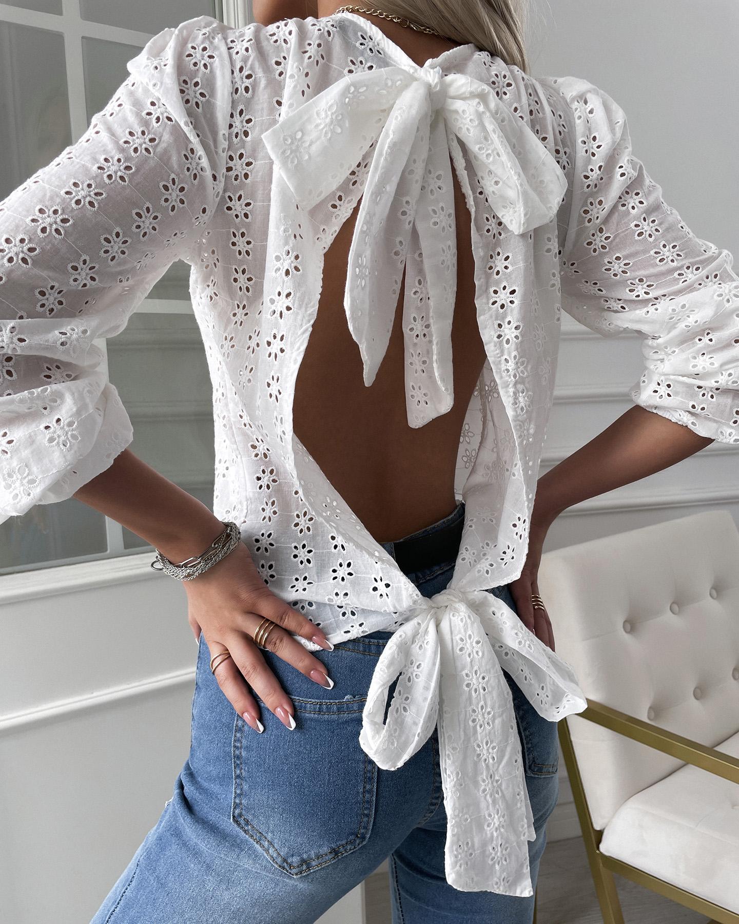 

Eyelet Embroidery Knotted Backless Long Sleeve Top, White