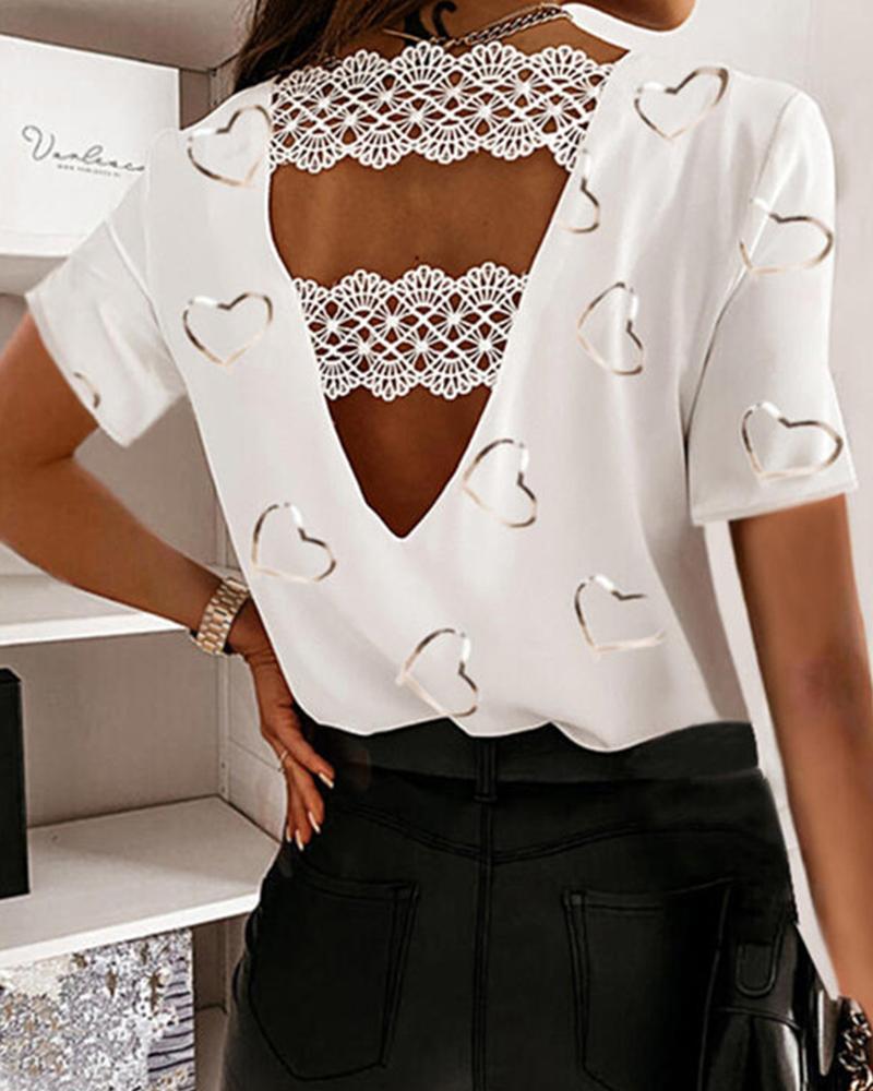 

Solid Heart Cut-out Short Sleeve Loose T-shirts, White