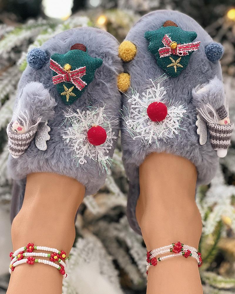 

Cartoon Christmas Tree Pattern Pom Pom Fuzzy Slippers, Gray