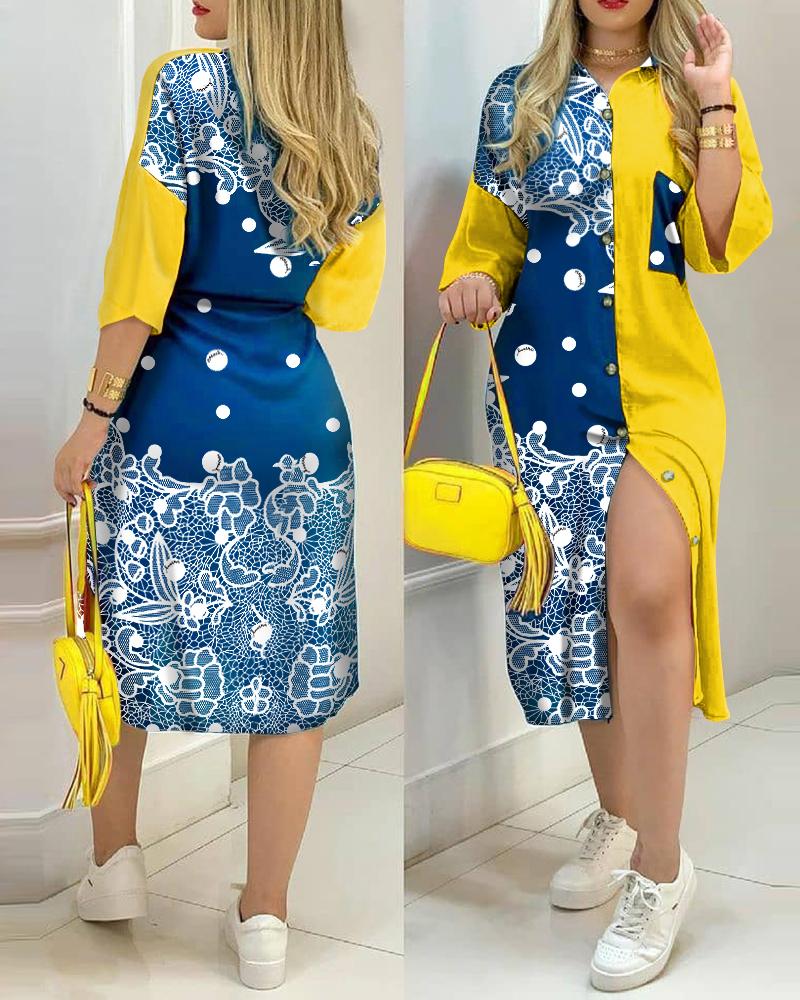 

Colorblock Button Design Shirt Dress, Yellow