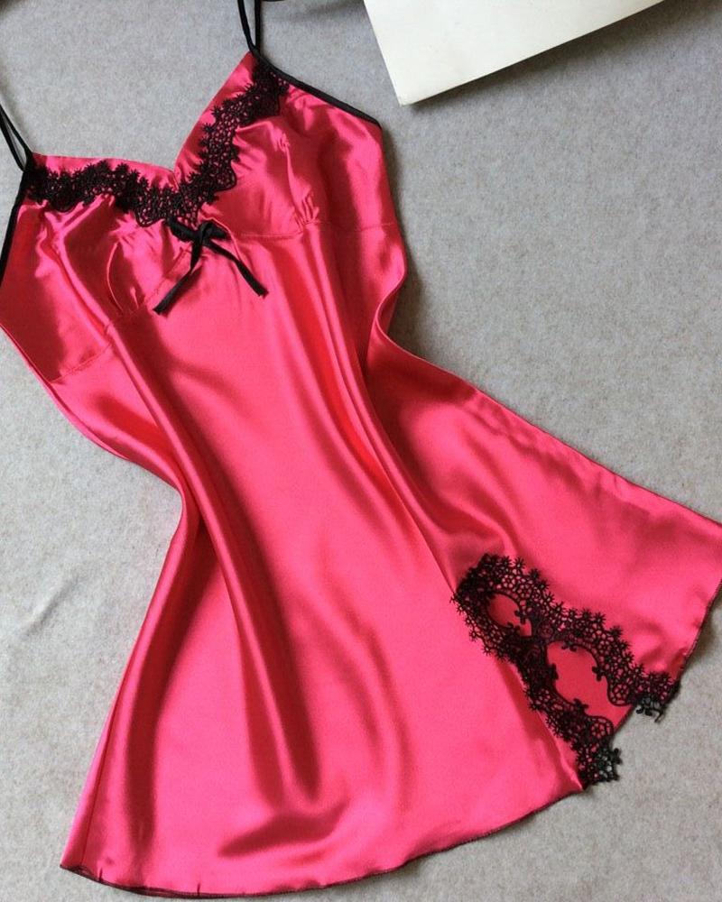 

Lace Trim Satin Sleepwear Cami Dress, Hot pink