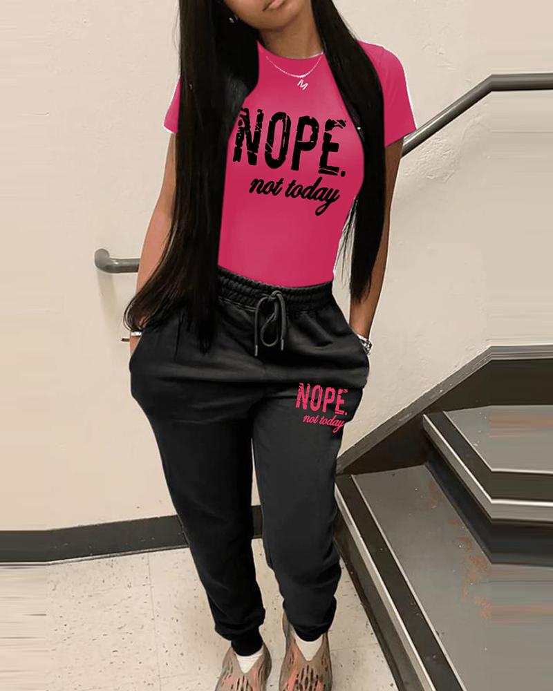 

Letter Print Short Sleeve Top & Pocket Design Sweatpants Set, Hot pink