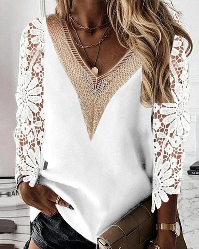 

Crochet Lace Patch V-Neck Top, White