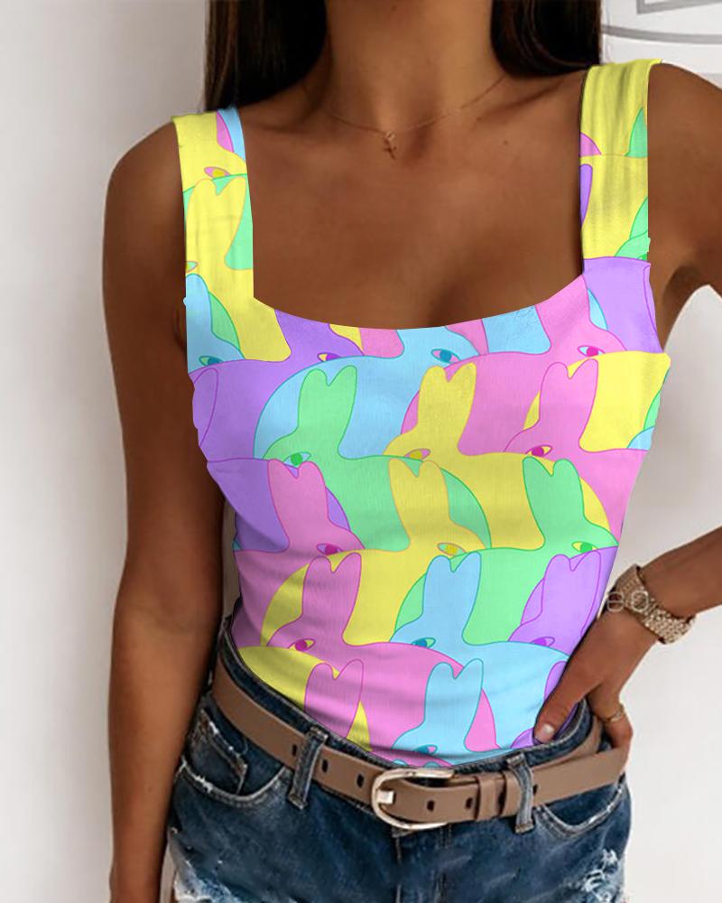 

Happy Easter Bunny Print Casual Tank Top, Multicolor