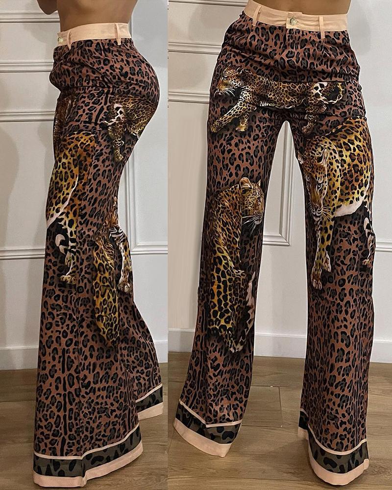 

Leopard Print Wide Leg Flared Pants, Dark brown