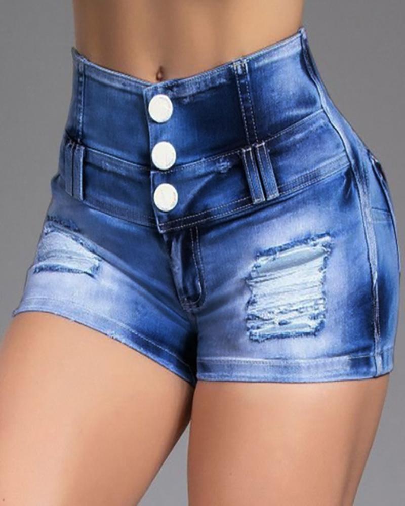 

High Waist Button Design Ripped Denim Shorts, Blue