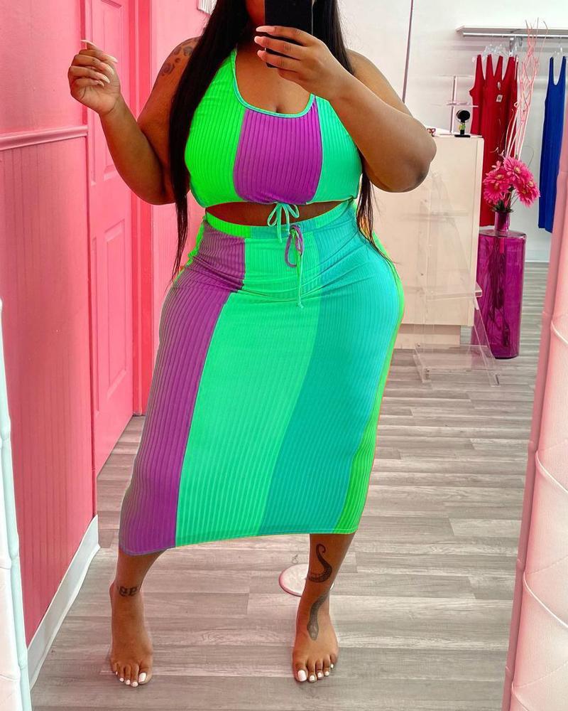 

Plus Size Colorblock Ribbed Crop Top & Skirt Set, Green