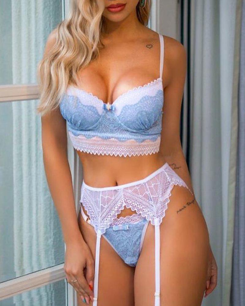 

Crochet Lace V-Neck Garter Lingerie Set, Blue