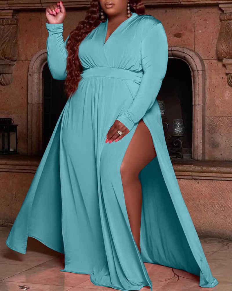 

Plus Size Long Sleeve High Slit Wrap Maxi Dress, Blue