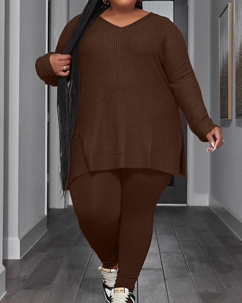 

Plus Size V-Neck Long Sleeve Slit Ribbed Top & Pants Set, Coffee