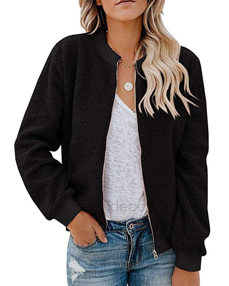 

Zip Front Long Sleeve Teddy Jacket, Black