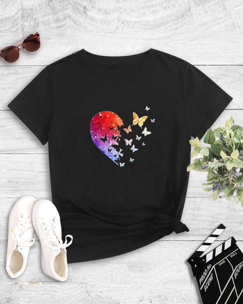 

Multicolor Heart And Butterflies Print Short Sleeve T-shirt, Black