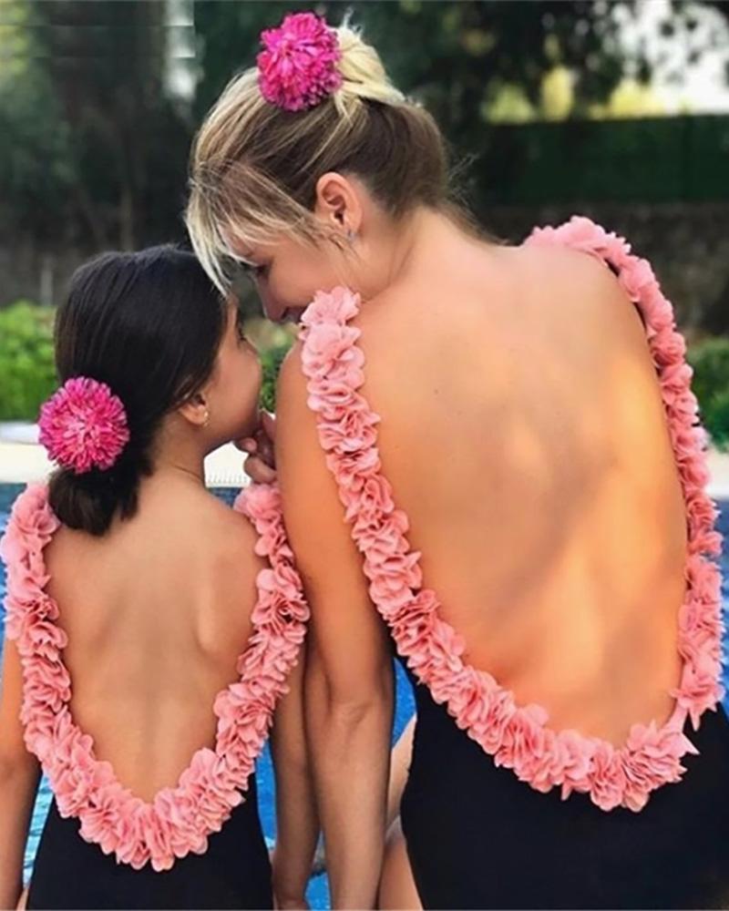 

Mommy & Me Floral Decor One Piece Swimsuit For Kids, Black