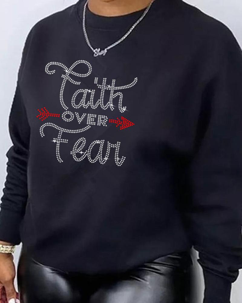 

Plus Size Rhinestone Letter Pattern Long Sleeve Sweatshirt, Black