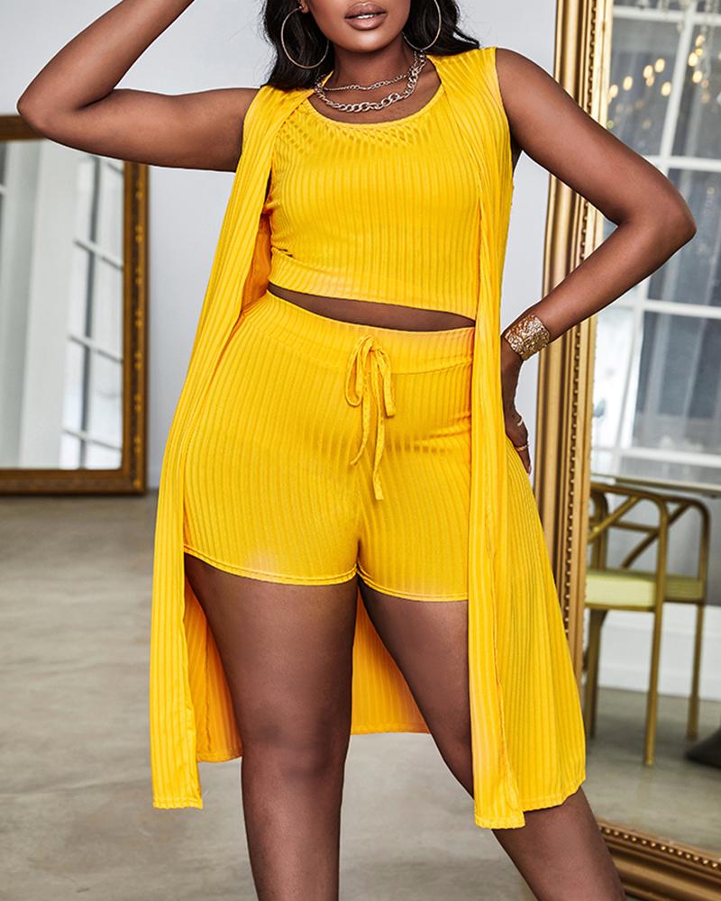 

3PCS Ribbed Crop Tank Top & Shorts Set With Vest Coat, Yellow