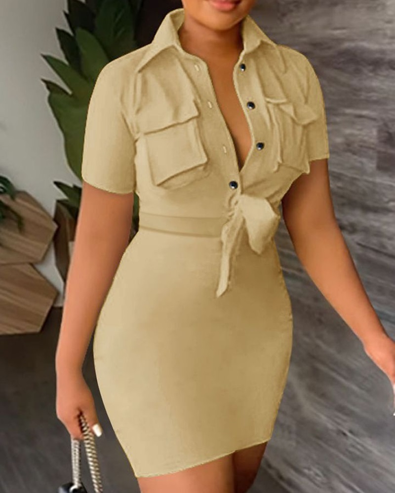 

Buttoned Pocket Design Knot Front Work Dress, Khaki