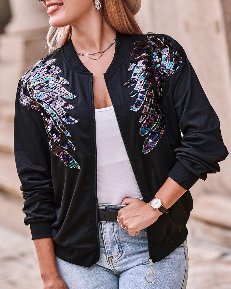 

Long Sleeve Zipper Design Sequin Wings Baseball Jacket, Black