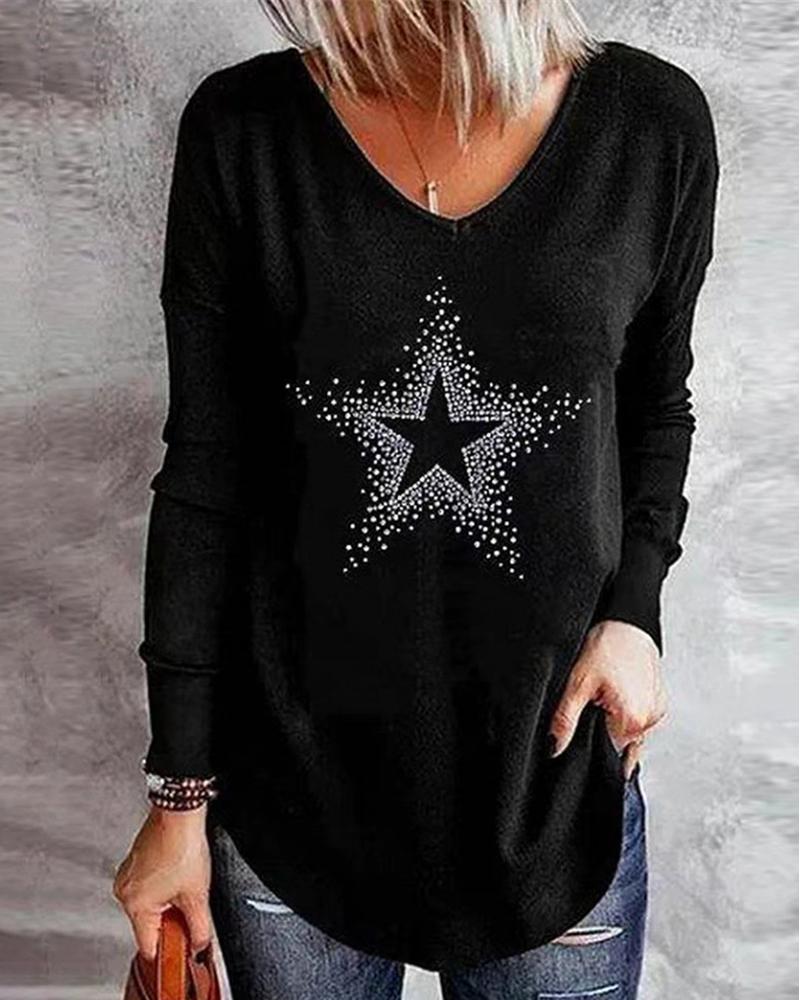 

Star Pattern Long Sleeve Top, Black
