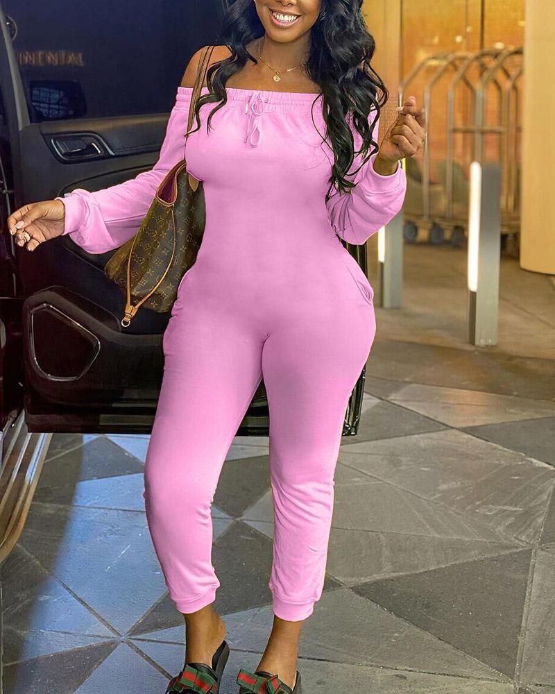 

Off Shoulder Tied Detail Skinny Jumpsuit, Pink