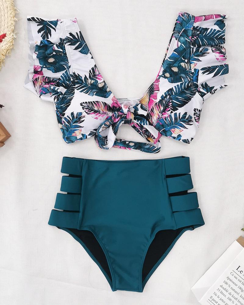 

Tropical Print Knotted Ruffles Bikini Set, Blue