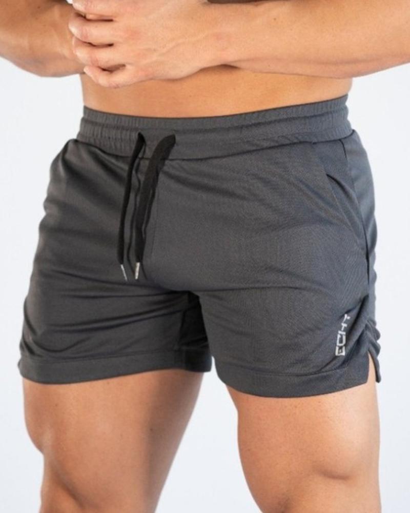 

Solid Color Splicing Letter Print Drawstring Sport Short Pants, Dark grey