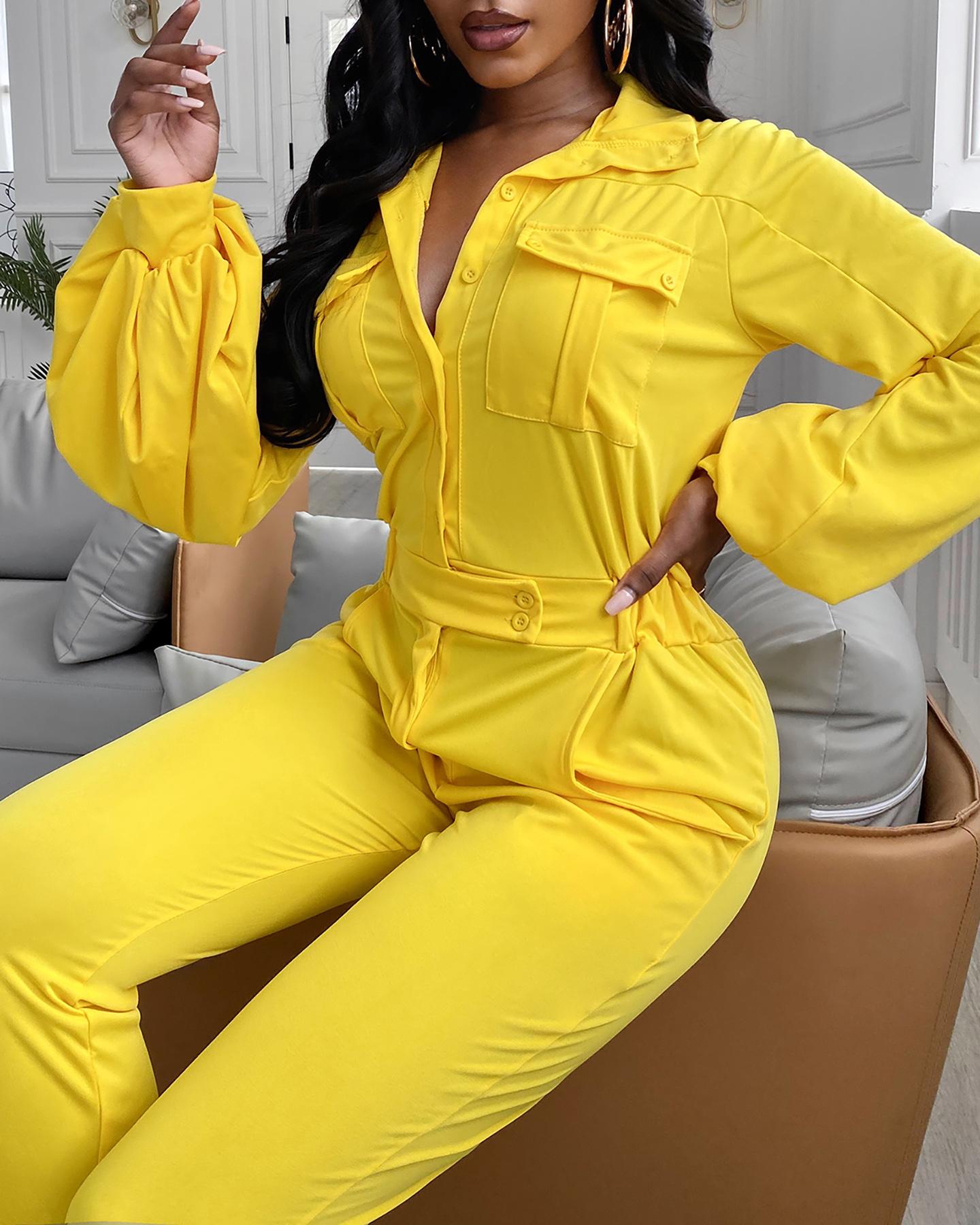 

Solid Lantern Sleeve Pocket Design Cargo Jumpsuit, Yellow