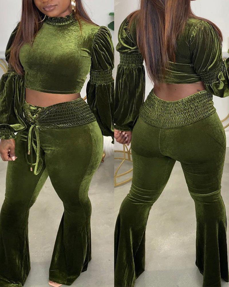 

Plus Size Lantern Sleeve Crop Top & Flared Leg Pants Set, Green