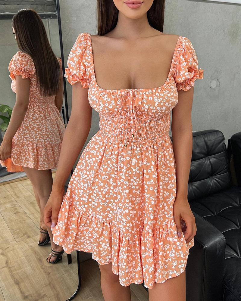 

Puff Sleeve Ditsy Floral Print Shirred Dress, Orange