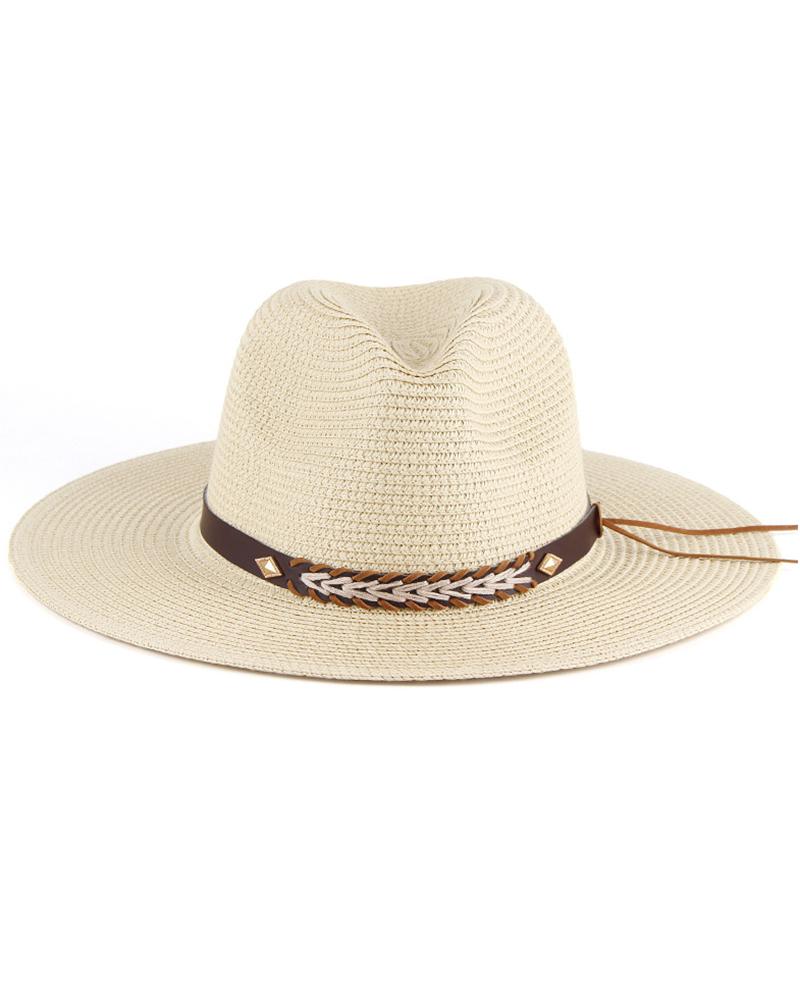 

Geometric Pattern Wide Brim Straw Hat, Beige