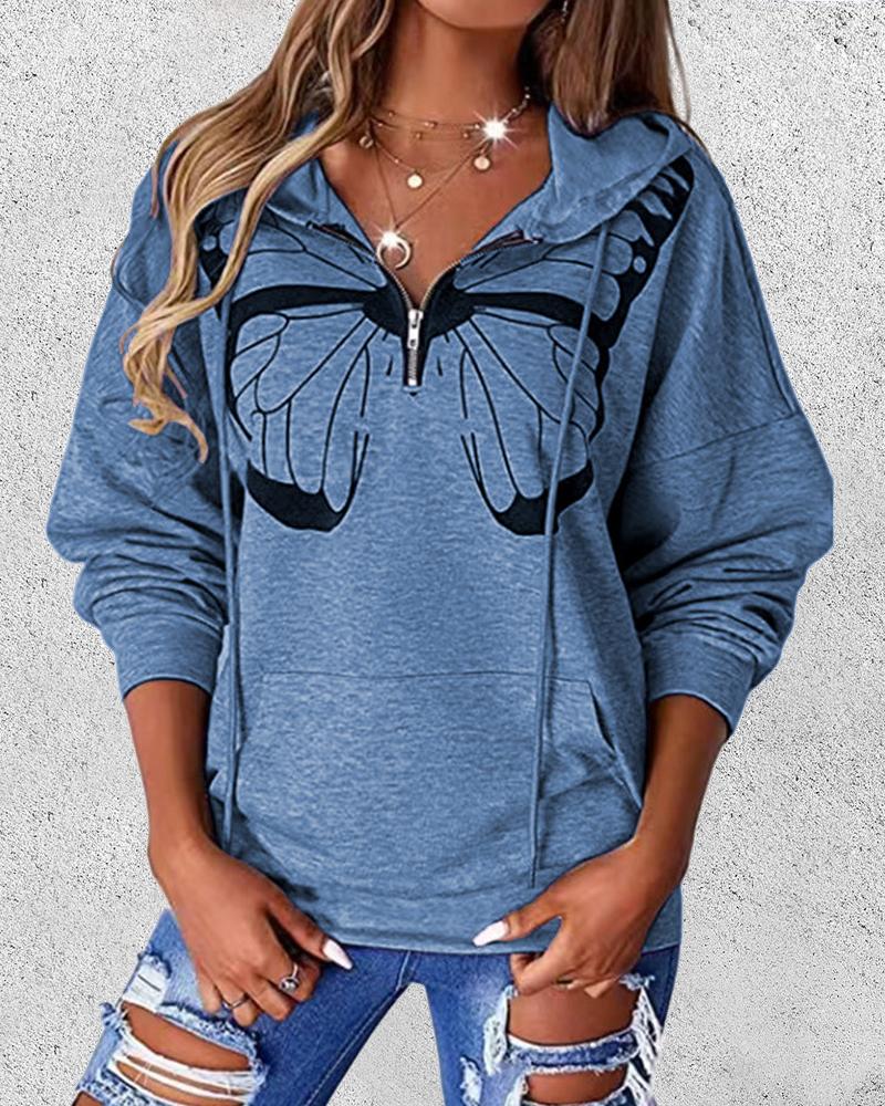 

Butterfly Print Zip Front Drawstring Hoodie, Blue