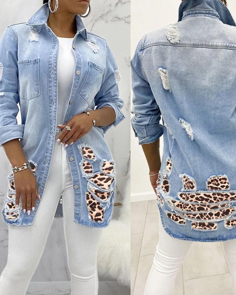 

Cheetah Print Patch Ripped Buttoned Denim Coat, Blue