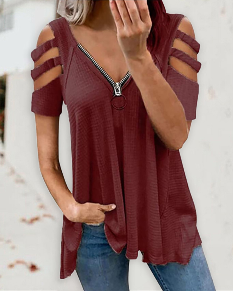 

Cold Shoulder Cutout Zip Front Waffle Knit Top, Wine red