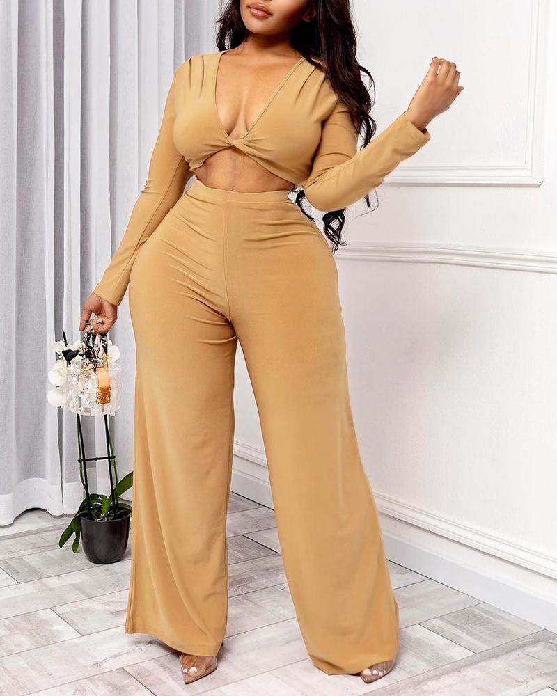 

Plus Size Twisted Plunging Crop Top & Wide Leg Pants Set, Khaki