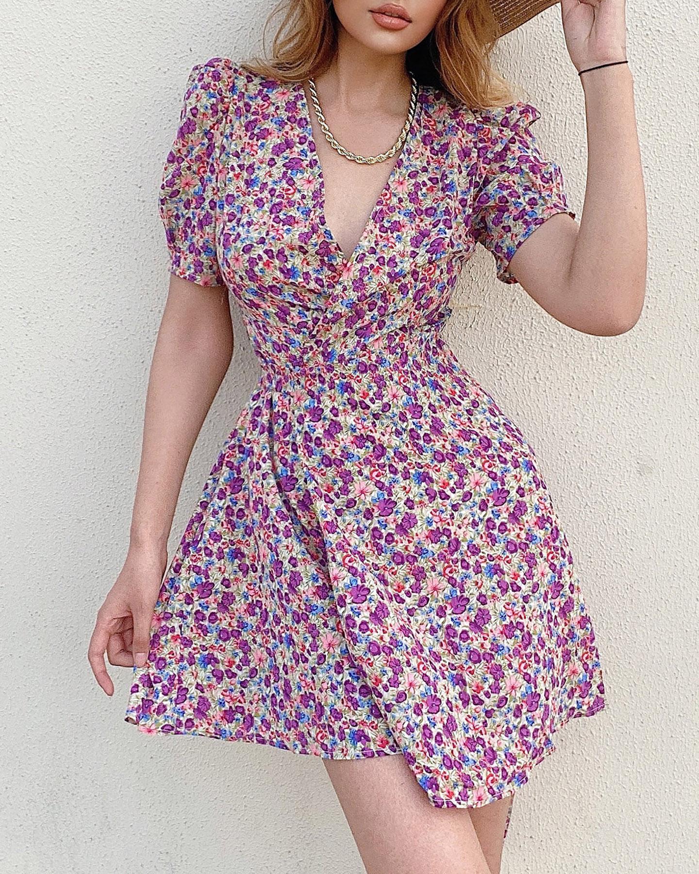 

V-neck Floral Print Wrap Dress, Purple