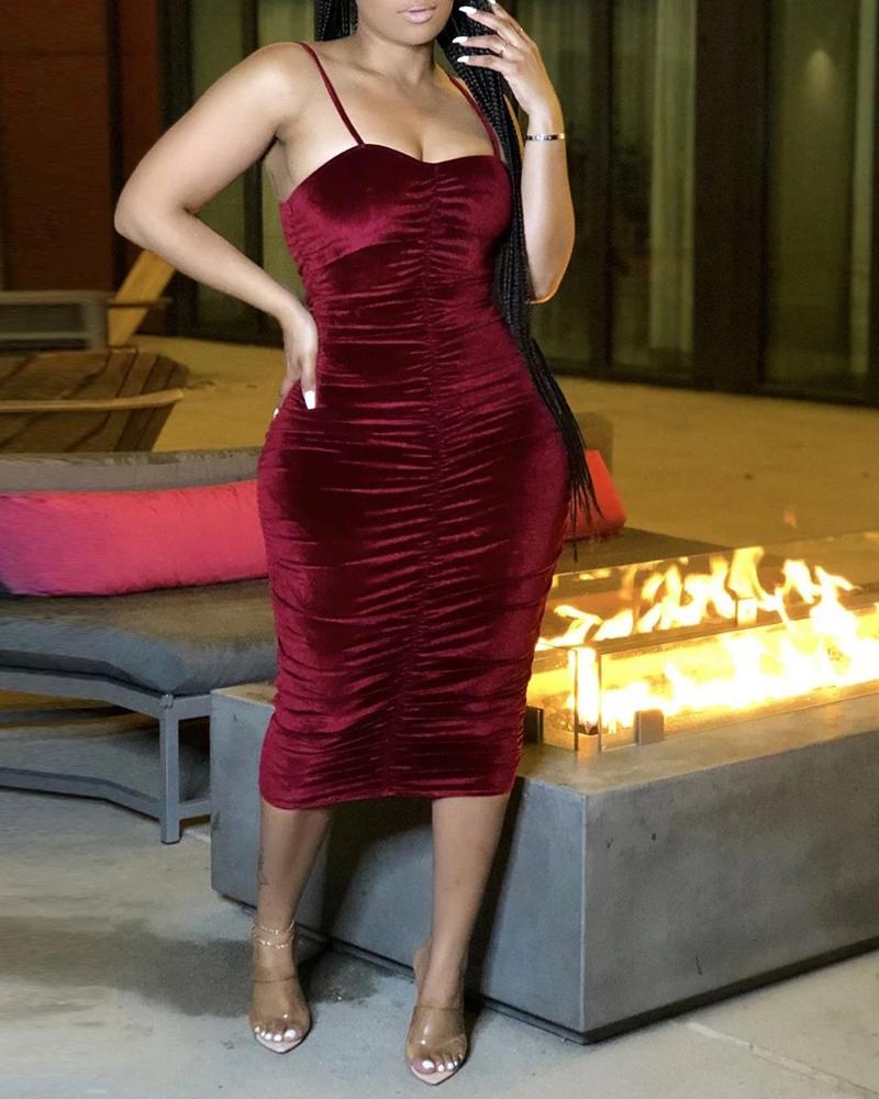 

Spaghetti Strap Ruched Bodycon Dress, Wine red