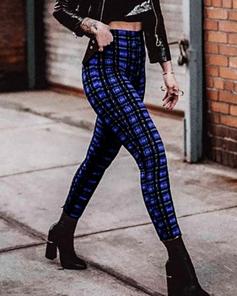 

High Waist Plaid Print Skinny Pants, Dark blue