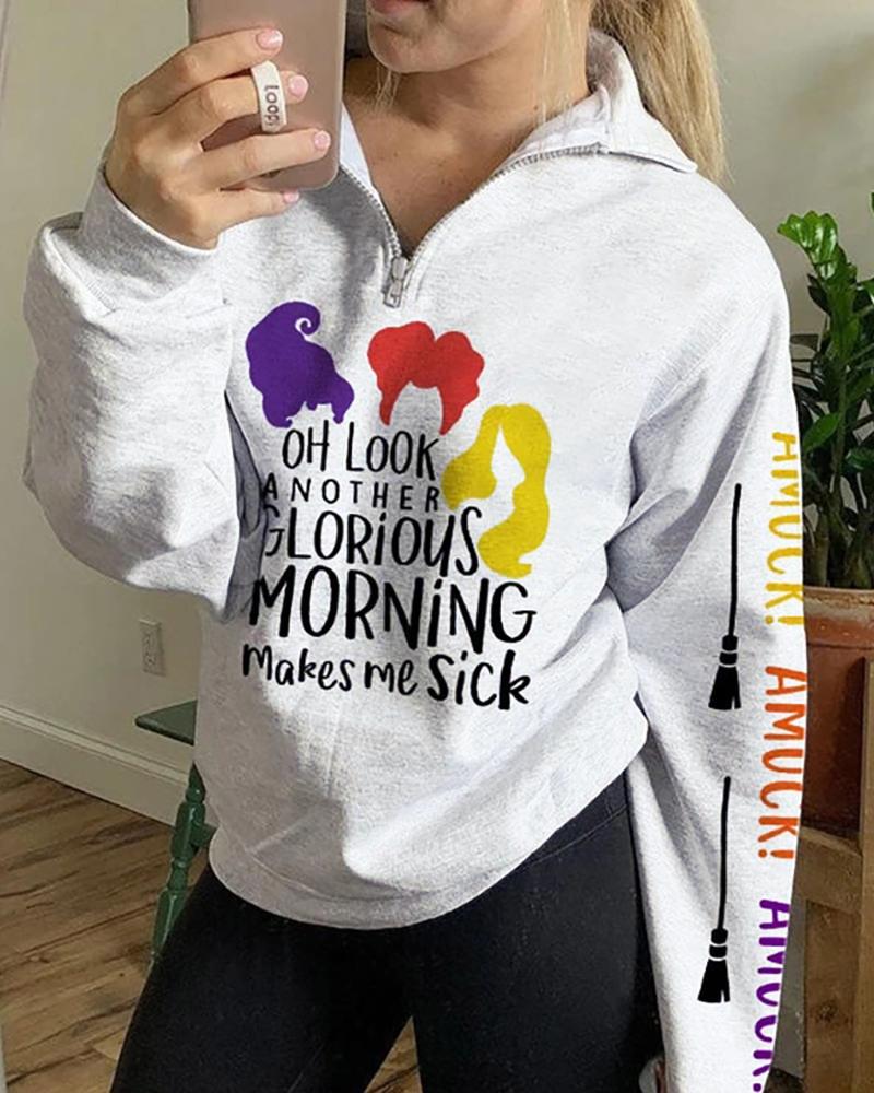 

Halloween Letter Print Colorblock Zipper Design Top, White