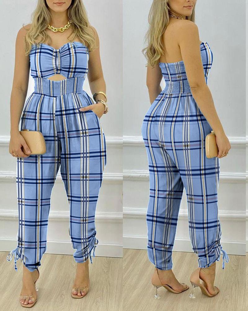 

Plaid Print Cutout Shirred Design Drawstring Bandeau Jumpsuit, Blue