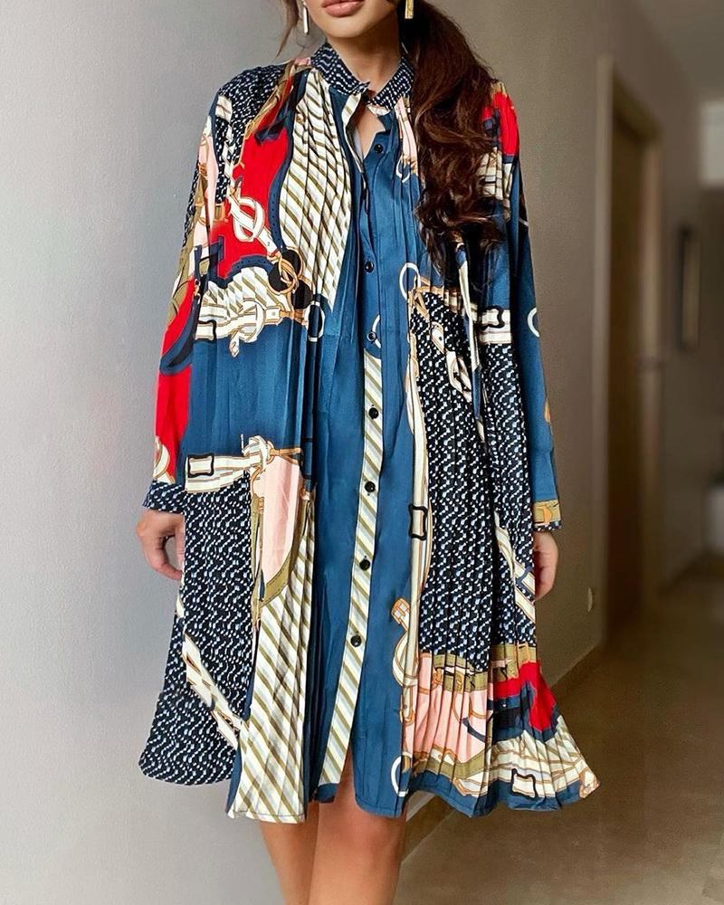 

Chain Print Long Sleeve Ruched Shirt Dress, Blue