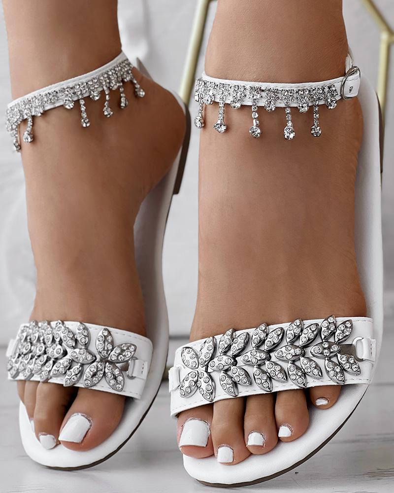 

Rhinestone Leaf Pattern Ankle Strap Sandals, White