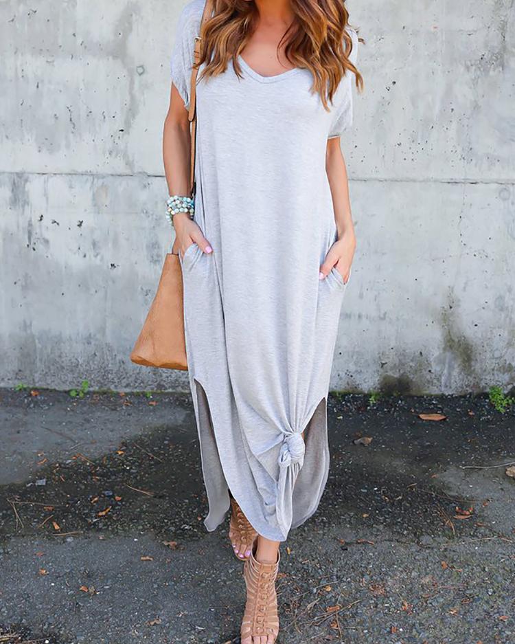 

Trendy Irregular Split Hem Pocket Maxi Dress, Gray